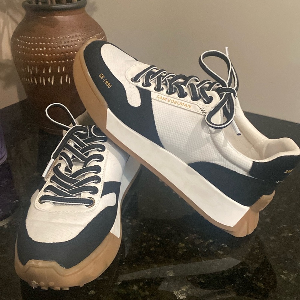 Sam Edelman Black and White Sneakers with Tan Soles
